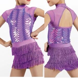 Weissman dance costume fringe lavender purple Rain On Me 12480 IC- child 7/8